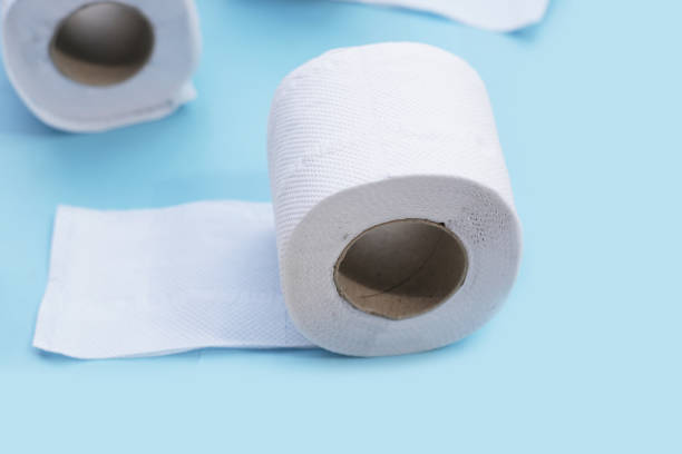 istock Toilet paper on blue background. 2150760798