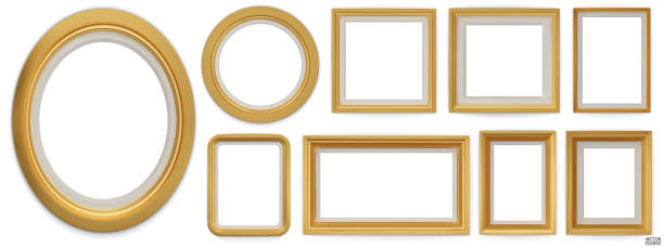 istock Set of gold modern frame isolated on white background. Realistic rectangle, circle, oval Photo golden frames mockup. Classic Borders set for painting, photo gallery. 3d vector illustration. 2150763810