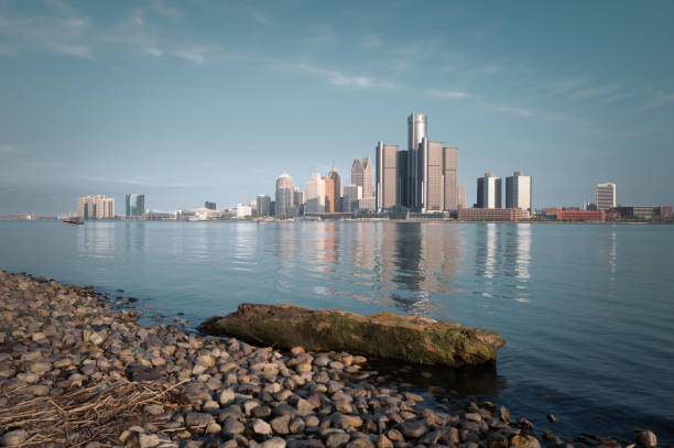 The Detroit skyline as seen from across the Detroit River, in Windsor, Ontario, Canada.