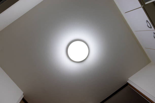 istock View from directly below of a ceiling light illuminating a dimly lit room 2150766508
