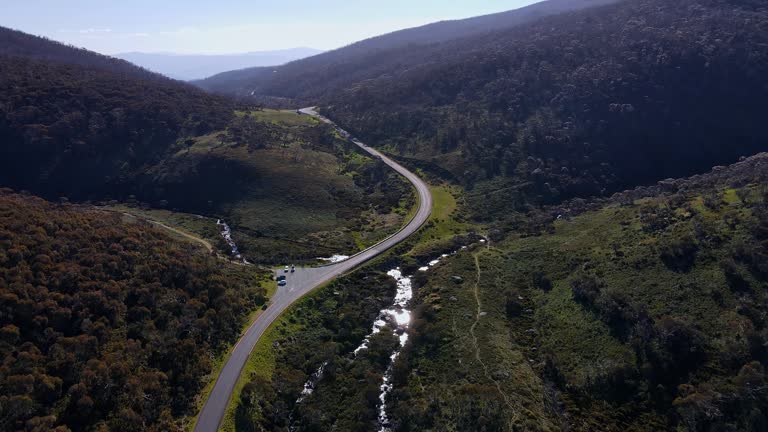 Thredbo River Track And Alpine Way In Kosciuszko National Park, New South Wales, Australia. aerial shot