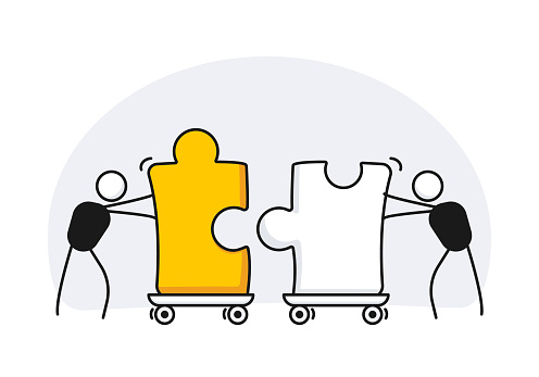 Working Together Figure Two Characters Working Together Fitting Puzzle Pieces Vector ...