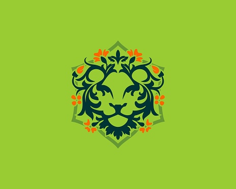 Lion and green leaf vector logo