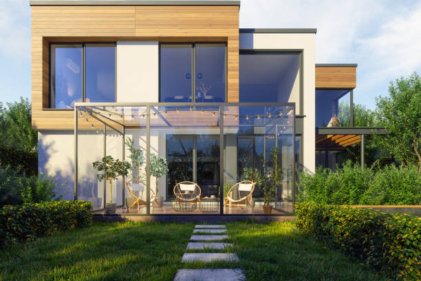 istock Modern Villa Exterior With Building Terrace In Garden 2150773069