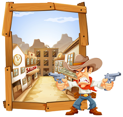 Cowboy with guns in a cartoon western town