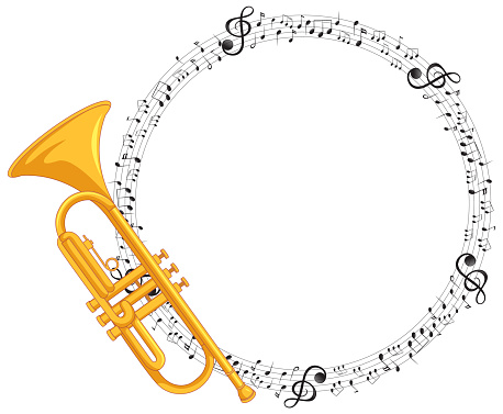 Trumpet with circular music notes arrangement.