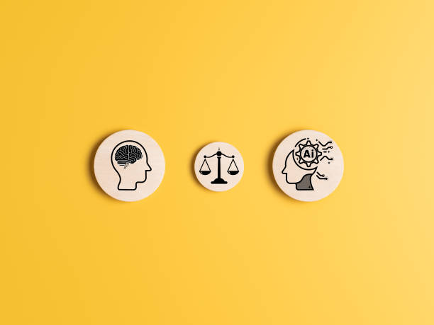 istock AI technology morals and ethics on yellow background. Create art and generated content. Impact and responsibility for use of work in machine learning to human work. The balance between humans and A.I. 2150774891