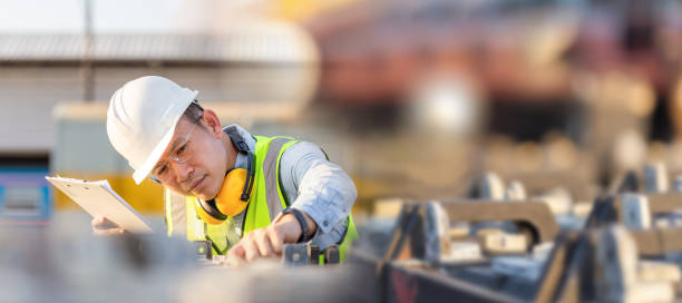 Engineer man in waistcoats and hardhats with documents inspecting construction site, Mechanical worker checking of the battery storage system