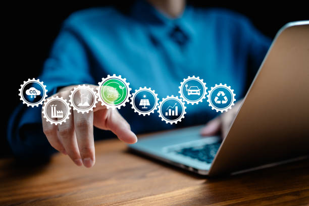 istock Businesswomen use laptop with Net zero carbon target and ESG icon concepts for Environment, Social, Governance, net zero, carbon neutrality goals, development business sustainable environment concept. 2150778526
