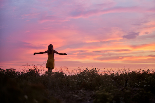 Rear view of carefree woman standing in a meadow with her arms outstretched at sunset and looking at view. Copy space.