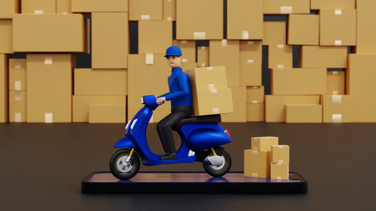 Animation of delivery man driving scooter on mobile phone in warehouse, online market transport.