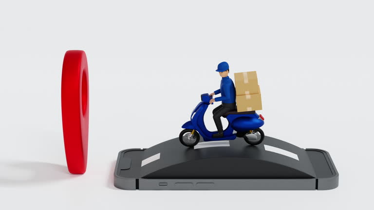Animation of delivery man driving scooter on mobile phone with pin location, online market transport.