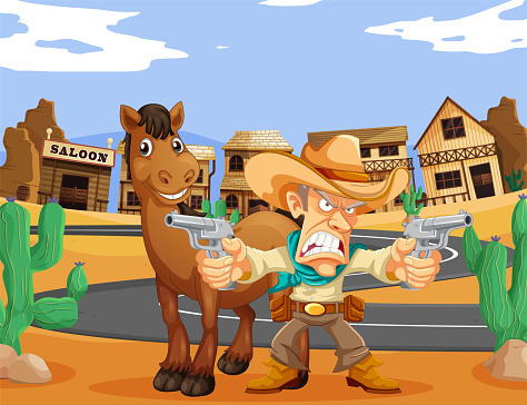 Cartoon cowboy with guns alongside his horse.