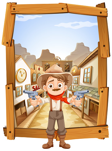 Cartoon cowboy in a lively western town scene.