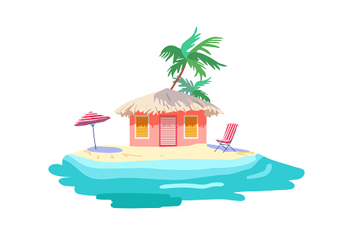 Isolated pink bungalow thatched roof Yellow sand Tropical palm Sea shore Beach umbrella chaise lounge Marine Flat vector print Poster poster clothing wallpaper