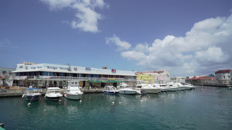 established of boat moored at port bay in Barbados eastern Caribbean island