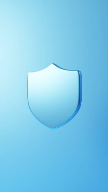 istock 3D Illustration.Blue shield with metallic texture on blue background. (Vertical) 2150784826