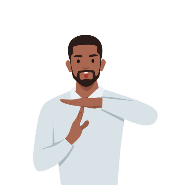 Young man upset showing a timeout gesture, needs stop, asks time for rest after hard work. Young man upset showing a timeout gesture, needs stop, asks time for rest after hard work. Flat vector illustration isolated on white background push pause stock illustrations