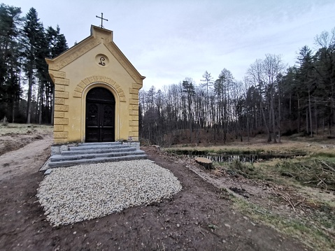 Recently constructed church in a suburban setting.