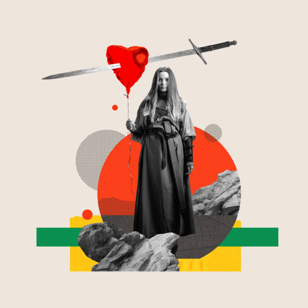 istock Young woman, medieval warrior with graphic design elements on light background. Contemporary art collage. Dramatic clash between love and battle 2150786463