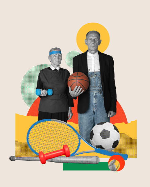 istock Age and athleticism. Mixing vintage portraits with modern graphic elements. Older couple with sport equipment. Contemporary art collage. 2150786469