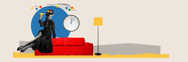 istock Getting ready for event. Woman dressed in elegant black gown sitting on red couch and doing her hairstyle. Being late. Contemporary art collage. 2150786479