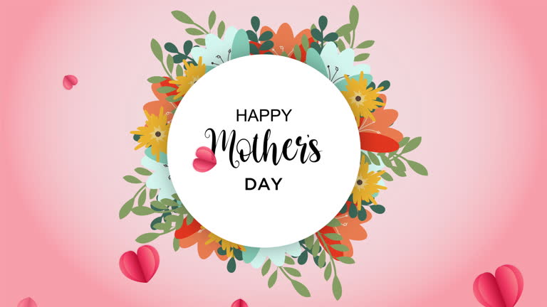 Happy mother's day greeting animation. Motion template with flowers and flare. Animated mothers day blossom heart background.