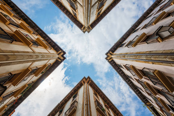 A street junction in a city creates a perfect x-shape seen from ground level
