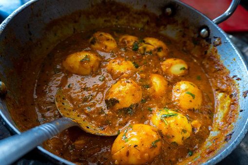 Close-up of homemade North Indianstyle egg curry gravy. Authentic cuisine, India