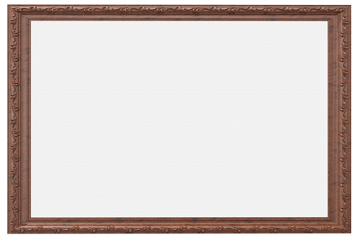 Wooden frame with central empty space for possible insertion of images or text. 3D illustration