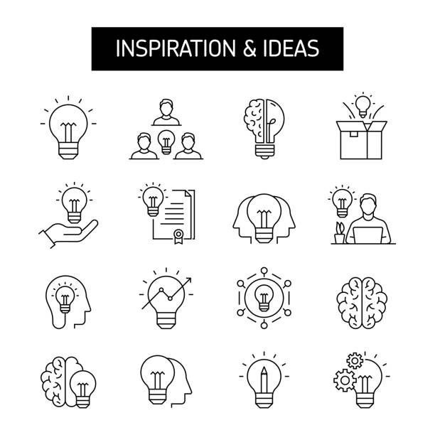 ilustrações de stock, clip art, desenhos animados e ícones de ideas line icon set. inspiration, brainstorming, creativity, solutions, imagination. - ideia