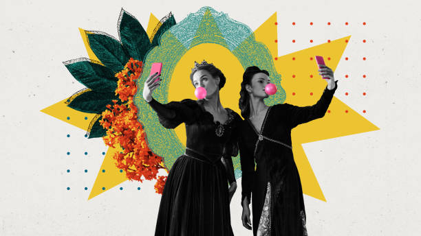 istock Poster. Two queens in black and white filter blowing bright bubbles from chewing gum and takes selfie. Textured effect. 2150788326