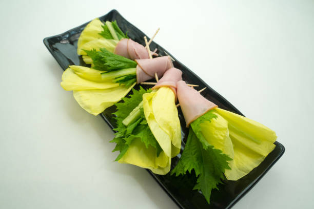 Edible flower okra wrapped with ham