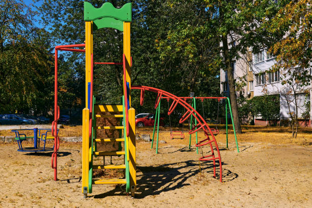 istock Summer spring children's playground with painted toy slide in park 2150789802
