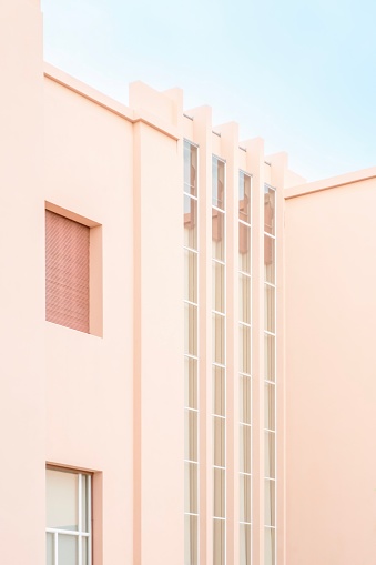 Porto, Portugal - October 29, 2023: View of the facade of the Casa de Serralves, a 1930s pink Art Deco mansion with a contemporary art museum in the Foundation's park. Porto, Portugal.