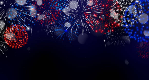Fireworks background for the 4th of July or Bastille Day Blue, red and white fireworks background for 4th of July, Memorial Day, Labor Day or Bastille Day illustration. USA, France, UK, Australia, Russia fireworks background. firework colors stock illustrations