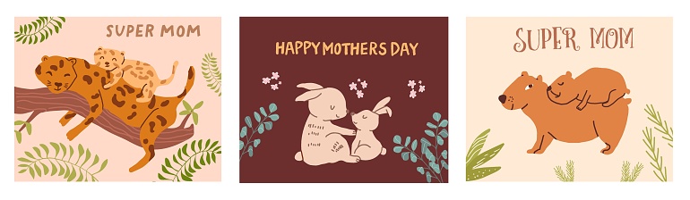 Mother's day card set, greeting card design with cute leopard, capybara, rabbit, bunny, bunny, mom and baby. Happy holiday greeting card background, animal, mammal mom and baby cub.