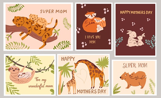 Happy mother's day, set of postcard designs. Cute wild animal families, postcards with quotes for moms. Funny parents of giraffe, leopard, sloth, fox, hare, rabbit, bunny, capybara , moms animals with little cubs.