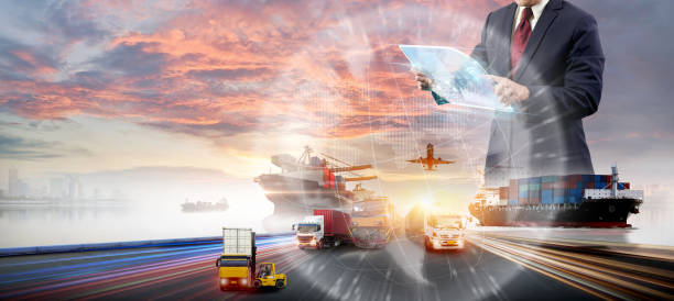 istock Smart logistics and transportation. Concept, Businessman use tablet and analyzing on logistic global network distribution on world map background 2150798463