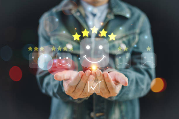 istock Customer satisfaction survey feedback concept. 5-star rate satisfaction review. Best service experience five star icon rating online application. Man evaluation product, satisfaction good opinion 2150800157