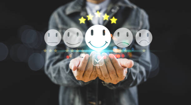 istock Customer satisfaction survey feedback concept. 5-star rate satisfaction review. Best service experience five star icon rating online application. Man evaluation product, satisfaction good opinion 2150800161