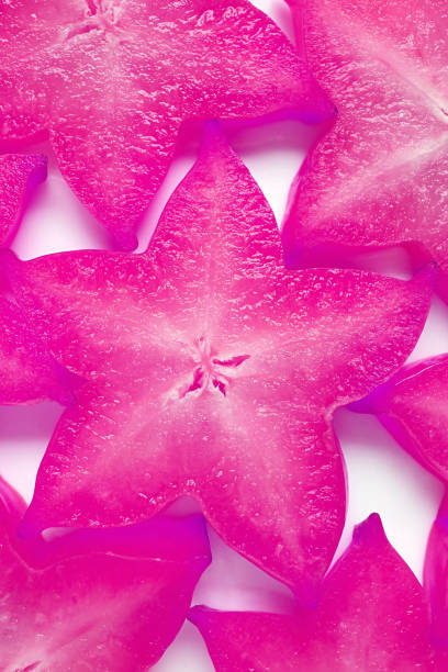 Top View of Sliced Fresh Star Fruits in Surreal Pop Art Styled Orchid Purple for Backdrop and Banner