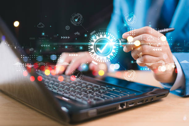 istock Business performance internet checklist. Businessman use computer laptop test online checklist survey, fill digital form poll quiz assessment, education questionnaire evaluation, competition consumer 2150800608
