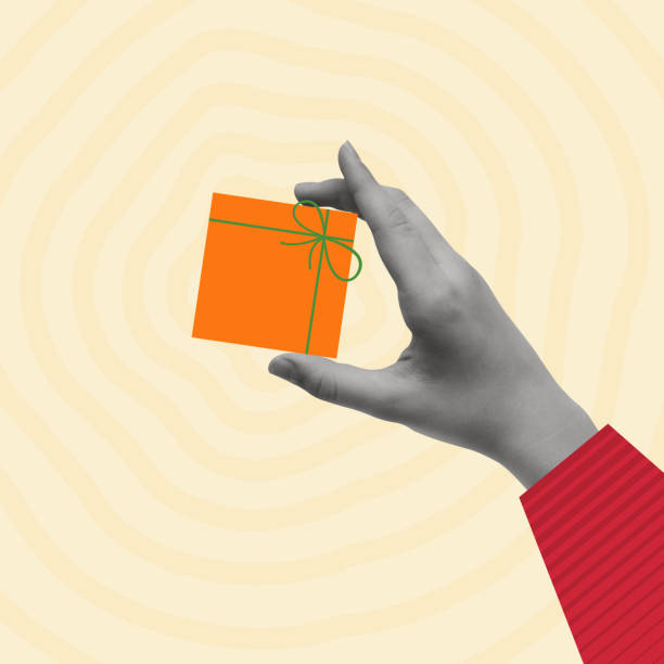 istock Contemporary art collage of hand with gift box. 2150801090