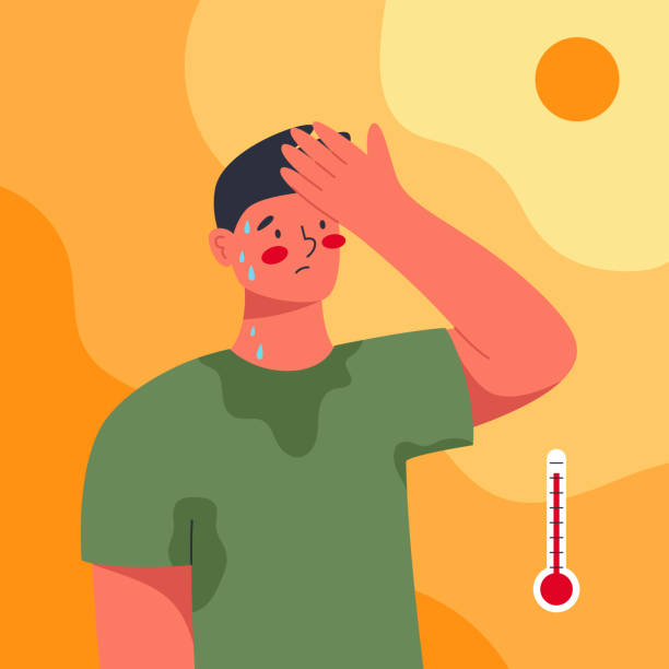 ilustraciones, imágenes clip art, dibujos animados e iconos de stock de joven que sufre síntomas de golpe de calor - ola de calor