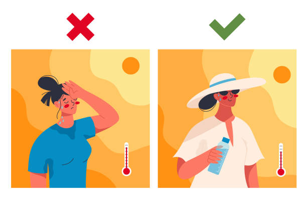ilustraciones, imágenes clip art, dibujos animados e iconos de stock de mujer que sufre síntomas de golpe de calor y mujer debidamente preparada para el calor - ola de calor