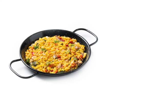 istock Yellow rice with chicken and vegetables isolated on white background 2150801778