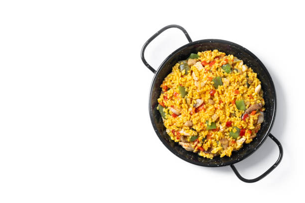 istock Yellow rice with chicken and vegetables isolated on white background 2150801787