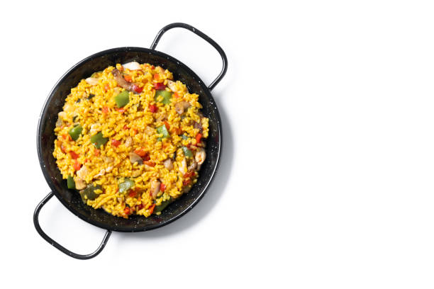 istock Yellow rice with chicken and vegetables isolated on white background 2150801807
