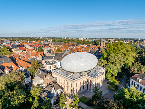 Aerial view of the Dome of Frederik's Church in Copenhagen during sunset, Denmark. Huge cross on the roof.